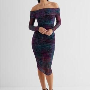 NWT Express Body Contour Mesh Printed Off the Shoulder Ruched Midi Dress, XL